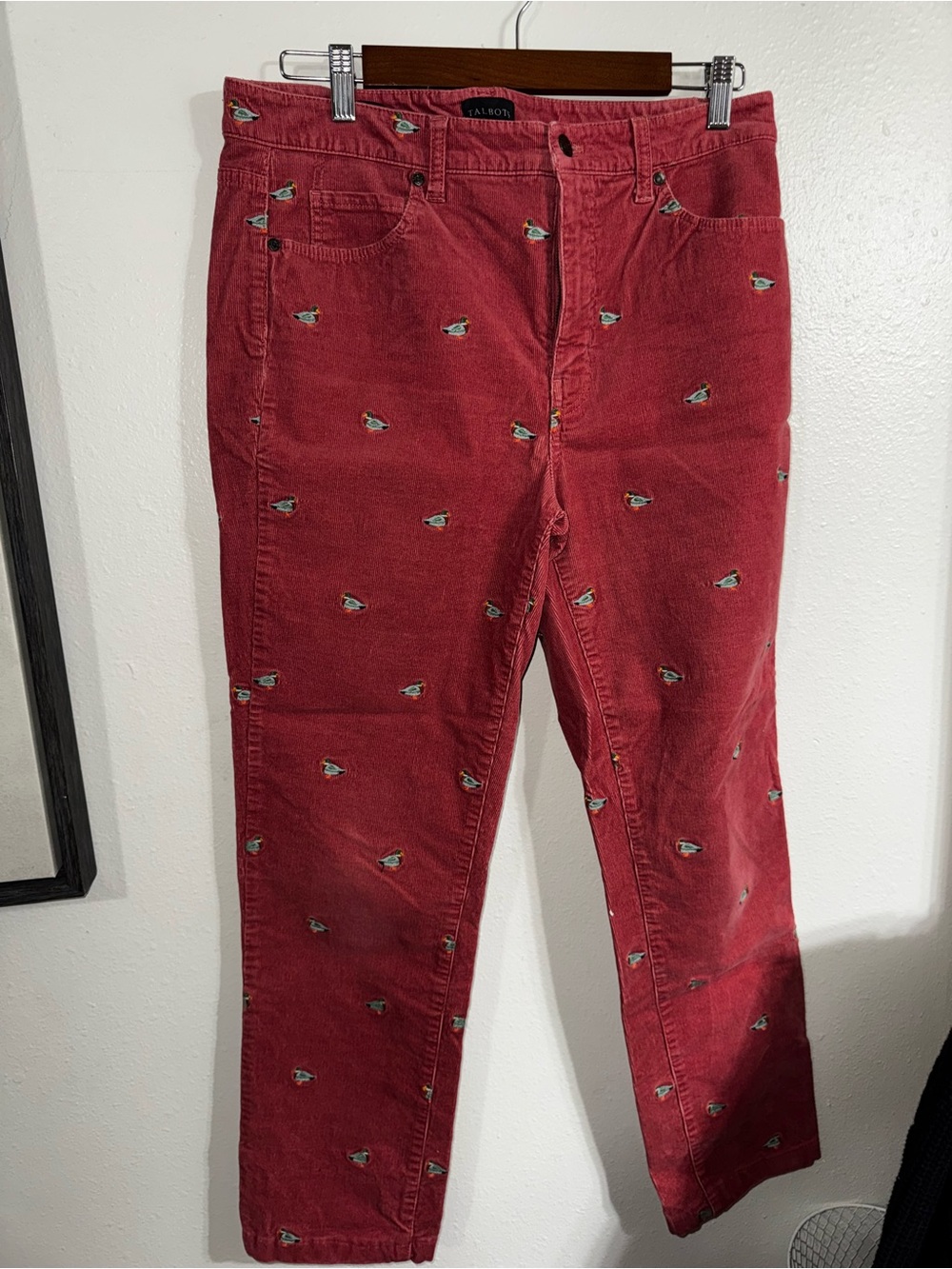 Talbots Red Corduroy Straight-Leg Pants with Embroidered Ducks